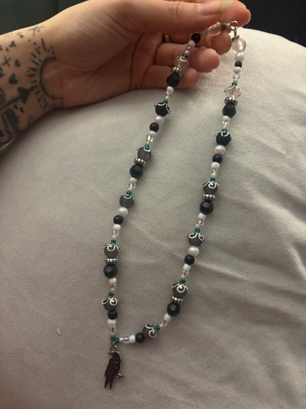 Handmade Black and White Beaded Choker with Silver Accents